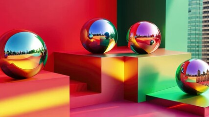 Poster - Colorful Abstract Composition with Reflective Spheres and Geometric Shapes on a Bold Multicolored Background