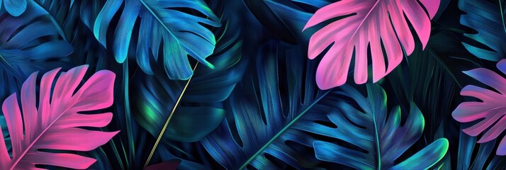 Poster - Vibrant tropical background with bold palm leaves in neon colors for modern jungle aesthetic