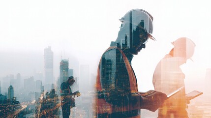 Poster - Creative Concept of Construction Workers with Technology in Cityscape
