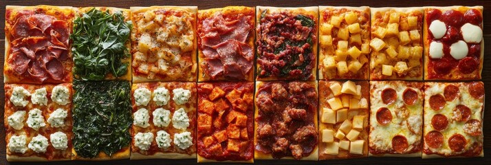 Poster - Colorful chessboard arrangement of pizzas with diverse toppings and vibrant sauces perfect for gatherings or celebrations