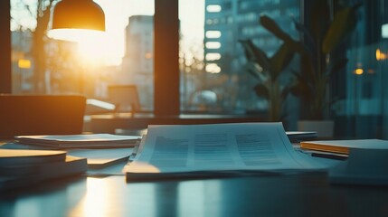 Poster - Team Collaborating in Office with Documents and Sunset Light