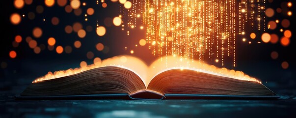 Poster - Open book with digital lights chart revealing financial technology concept. An open book emitting glowing particles of light and knowledge.