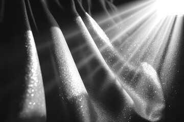 Poster - Abstract shot of draped fabric with glittering specks and bright sunlight, creating a dreamy and ethereal monochrome scene, emphasizing texture and contrast.