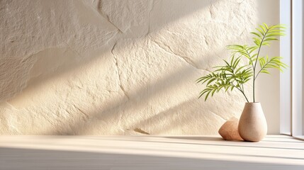 Poster - Modern Minimalist Architecture,Minimalist Wooden Table with Palm Leaf Shadows on Beige Background for Product Display