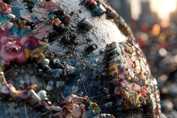 Poster - A textured sphere covered in colorful patterns and various objects, creating an artistic and abstract composition against a blurred city background.