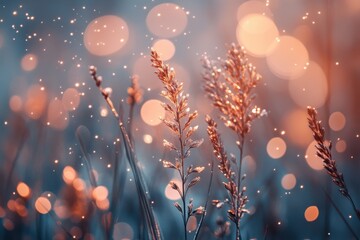 Leinwandbilder - Abstract Blue and Copper Meadow Grass with Bokeh Lights Creating a Dreamy and Magical Effect in Nature