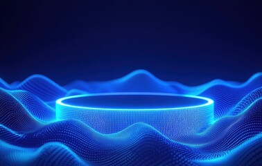 Aufkleber - Abstract Blue Digital Wavy Surface with Glowing Circle Platform in Dark Background Futuristic Technology Concept