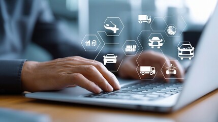 Poster - Businessman with Laptop Engaged in Logistics and Transportation Tasks