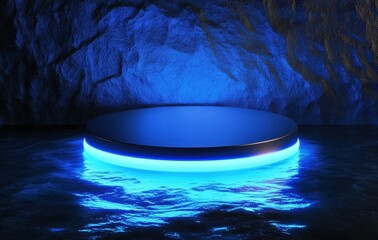 Aufkleber - Abstract Blue Lit Round Stage Podium with Dark Rock Wall Background for Product Display and Showcase Presentation in Modern Minimalist Style