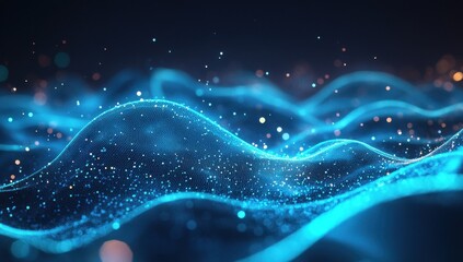 Poster - Abstract Blue Wave Particles Background with Digital Futuristic Technology Design Light Motion Energy Data Network and Modern Connection Pattern