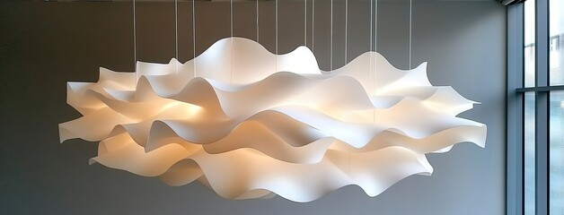 Poster - Silver ribbons crafted from thin metal sheets hang gracefully in an art gallery, showcasing beautiful shapes against a white wall