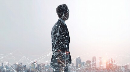 Poster - Double Exposure of Businessman Standing Against City Skyline Background