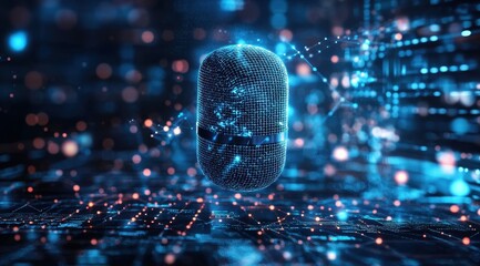 Leinwandbilder - Abstract Digital Particle Structure in Blue and Orange Glow with Futuristic Geometric Design for Modern Cyber Technology Background
