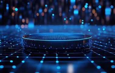 Leinwandbilder - Abstract Digital Platform with Glowing Blue Lights and Geometric Grid Structure Cyberpunk Scene for Product Showcase in Dark Background
