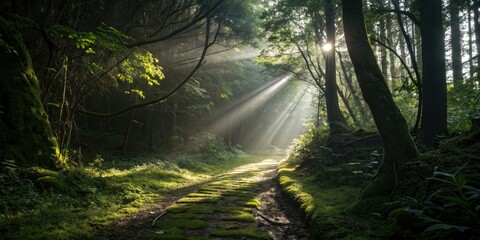 Wall Mural - Golden hour sunlight filters through a magical woodland trail, creating a low-light, sunbeam-dappled scene.
