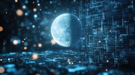 Poster - Abstract Digital Sphere Made of Blue Glowing Dots on Dark Backdrop Artificial Intelligence and Future Technology Concept Art Illustration