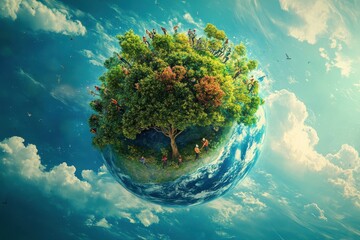 Wall Mural - abstract earth globe with lush tree against cloudy sky and sunlight concept for environment and ecol