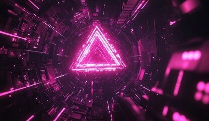 Poster - Abstract Futuristic Neon Tunnel with Glowing Magenta Triangle Light and Geometric Pattern in Dark Sci Fi Structure