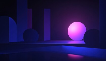 Poster - Abstract Geometric Scene with Glowing Sphere in Purple and Blue Light and Shadow 3D Render