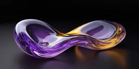 Poster - Abstract Glass Figure with Flowing Curves in Purple and Gold Tones Against Black Background with Subtle Reflections and Soft Lighting for Modern Artistic Design