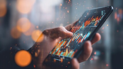 Poster - Financial Analyst Reviewing Data on Mobile Device with Double Exposure