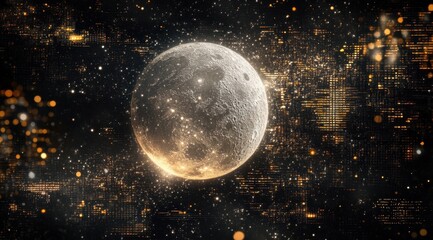 Poster - Abstract Golden Sphere Floating in a Digital Glowing Backdrop with Network Connections and Futuristic Geometric Pattern