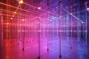 Poster - abstract light installation featuring neon purple blue and red geometric lines creating futuristic m