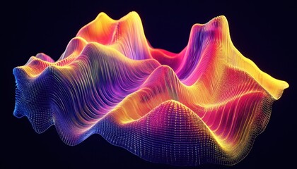 Poster - Abstract Mountain Landscape with Colorful Wavy Lines and Surface Texture in a Dark Background for Futuristic Digital Artwork and Presentation