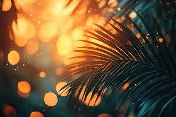 Poster - Abstract Palm Leaf with Glowing Bokeh Background in Warm Light and Tropical Atmosphere for Holiday Decoration and Festive Celebrations