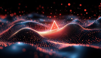 Poster - Abstract Red and Blue Digital Wave Pattern with Glowing Triangle in Center for Technology Background with Dots and Particles
