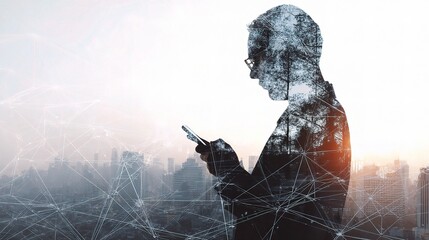 Poster - Double Exposure Image of Businessman Using Smartphone in City
