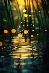 Poster - Abstract Water Surface Reflection with Golden Bokeh and Ripples in Dark Ambient Lighting and Green Grass Background
