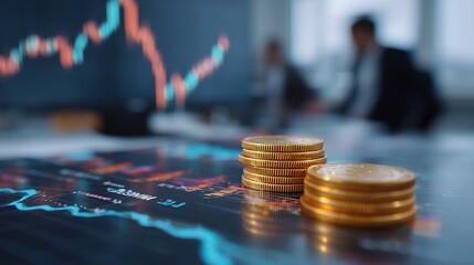 Poster - Digital Currency Concept with Coins and Financial Graph in Background