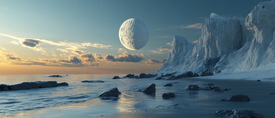 Wall Mural - a large white moon is floating above the ocean