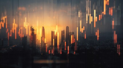 Poster - Double Exposure of Cityscape with Financial Candlestick Chart Design