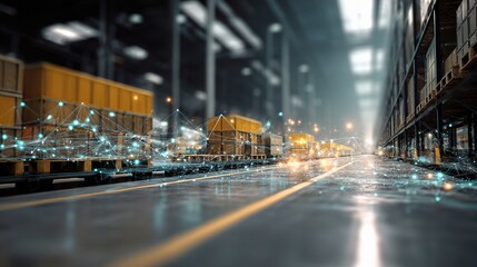 Poster - Digital Logistics Hologram Overlay in Modern Warehouse Environment