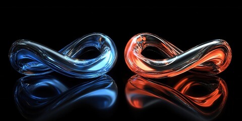 Blue and Orange Infinity Symbol Torus Knot Metalic Surface on Reflective Black Background Endless Geometric Loops in Three Dimensional Abstract Art Rendered