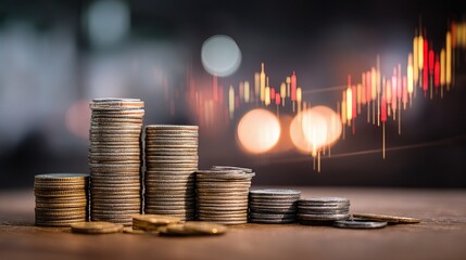 Poster - Double Exposure of Financial Graphs and Stacked Coins Concept