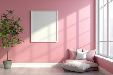 Poster - Bright Pink Interior with Empty Frame and Potted Plant Featuring Natural Light and Cozy Cushions in Modern Home Design