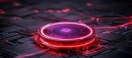 Fototapete - A futuristic glowing circular device with neon red and purple lights