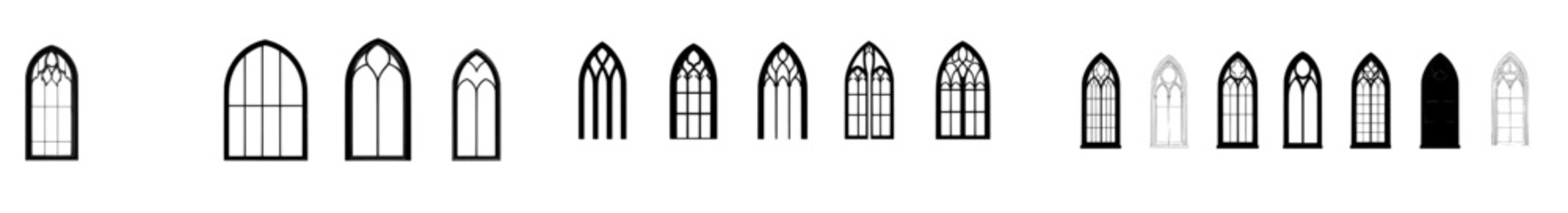 Poster - A modern set of a Gothic church window is represented by a black silhouette, with a stained glass cathedral frame that showcases Catholic and medieval architecture, featuring an ancient European arch