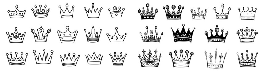 Poster - a set of hand-drawn crown doodles featuring line monochrome sketches of luxury heraldic symbols, inc