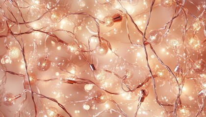 Poster - Close Up of Copper String Lights Illuminating Festive Background Warm Glowing Christmas Celebration Indoor Decoration and Celebratory Sparkle Bokeh