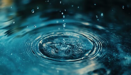 Aufkleber - Close up of Water Droplets Creating Ripples on Blue Surface in a Clean Tranquil Scene with a Shallow Depth of Field