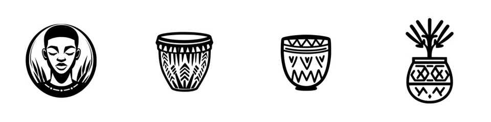 Poster - Vector minimalist line icons featuring diverse cultural elements representing art and tradition in a modern design