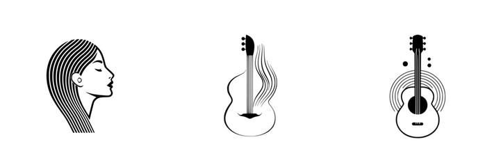 Poster - Vector minimalist line icons showcasing a woman with long hair and guitar illustrations in a contemporary design style