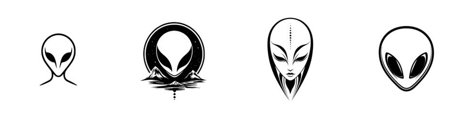 Poster - Collection of minimalist line icons depicting various alien head designs for creative projects and digital use