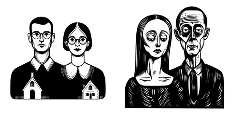 Poster - Collection of minimalist line icons featuring diverse pairs of people and houses in a contemporary design aesthetic