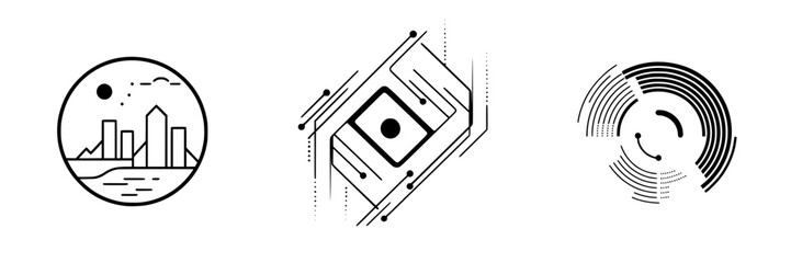 Poster - Minimalist line icons depicting urban landscapes, geometric shapes, and circular patterns in a modern design style