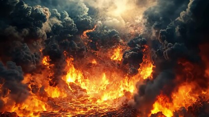 Poster - Dramatic Eruption of Molten Lava Under Billowing Smoke and Fiery Clouds Captured at Night in a Fiery Display of Nature’s Power and Beauty